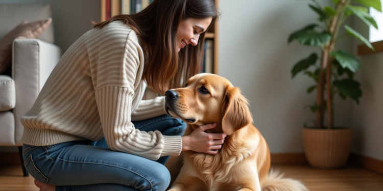 Jeune femme caressant un golden retriever dans le salon