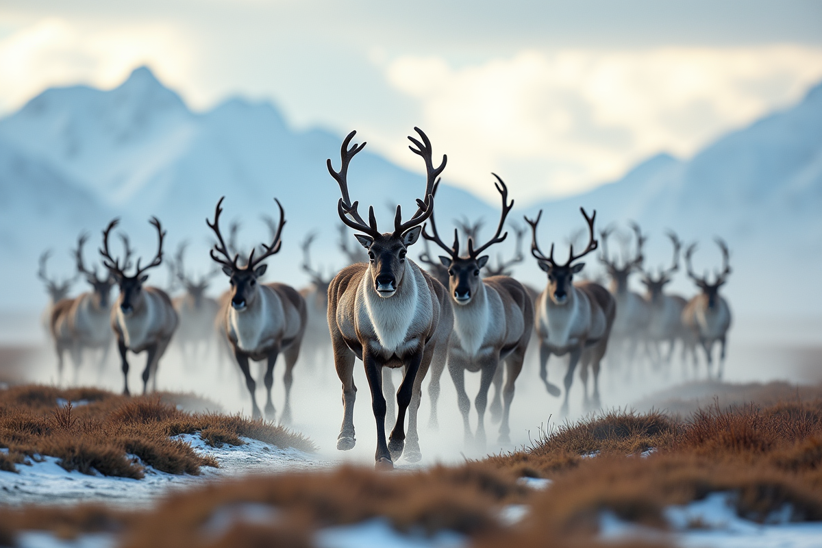 Herde de caribous traversant la toundra en migration