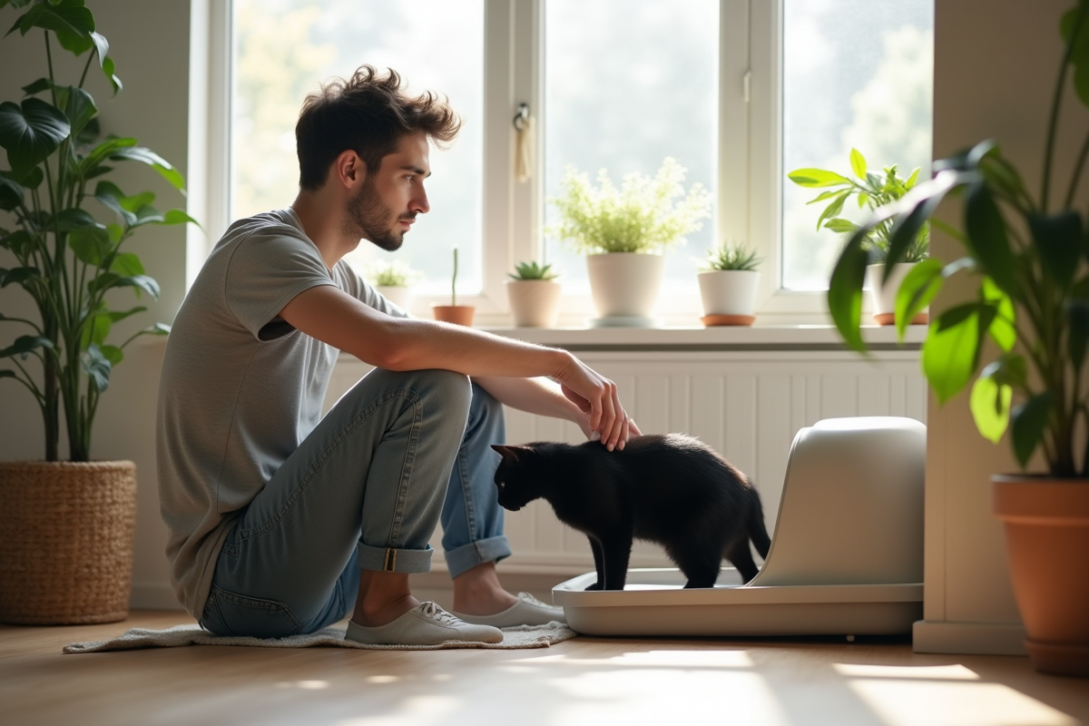 Jeune homme regardant son chat utiliser la litière