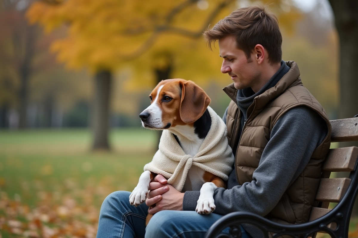 Jeune homme avec un beagle dans un parc d