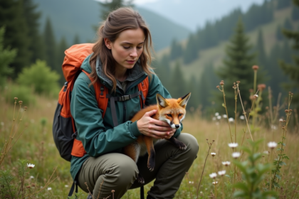 Jeune biologiste avec renarde en forêt au printemps