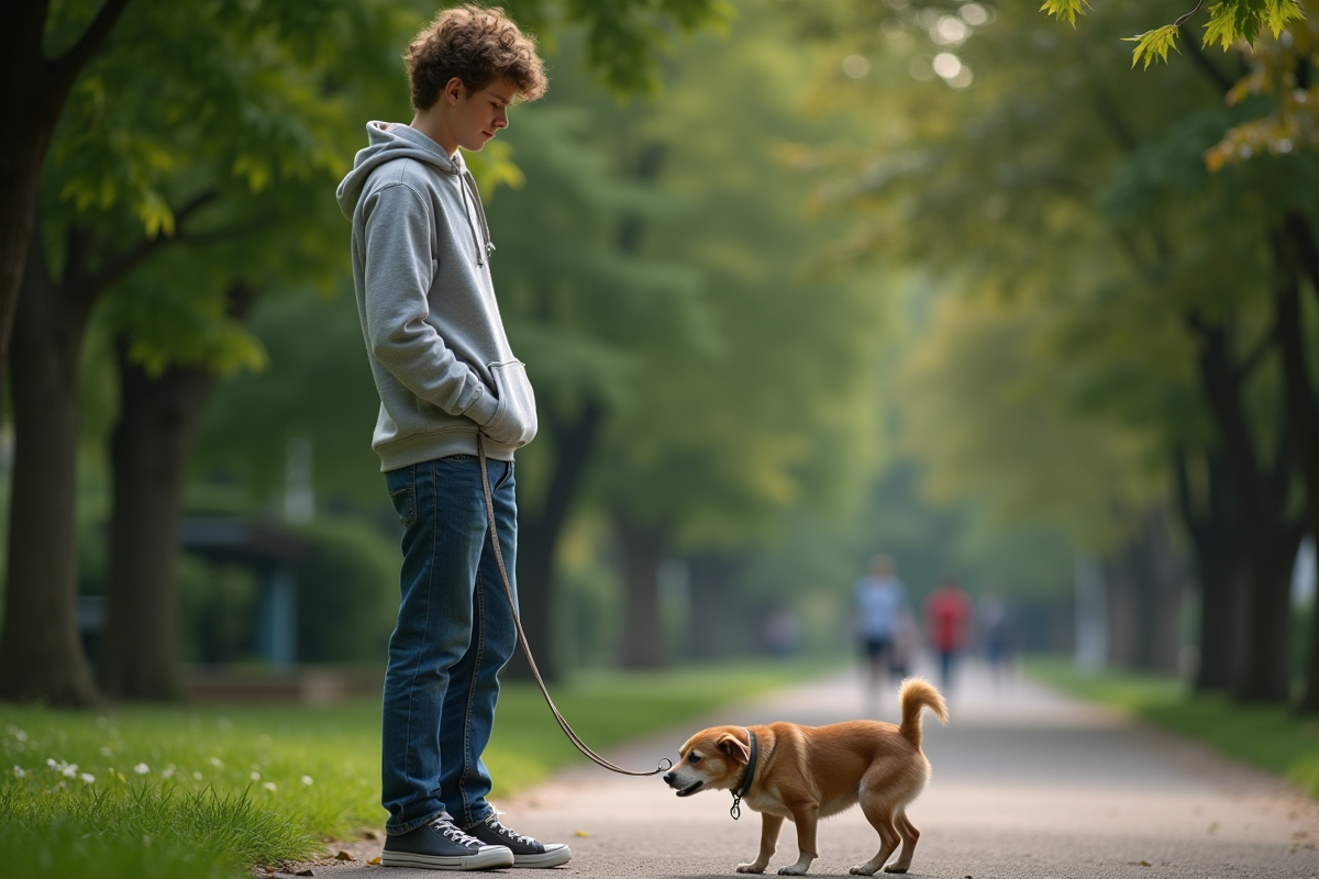 Jeune homme avec chien nerveux dans un parc verdoyant