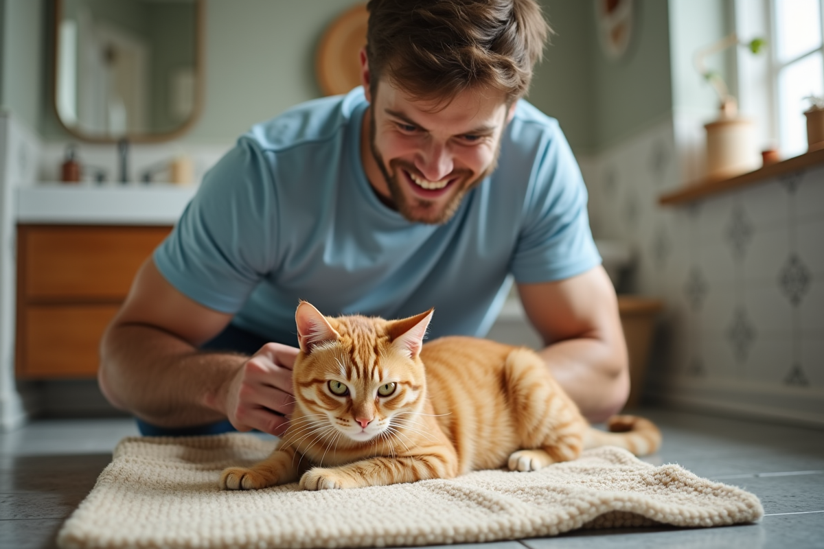 Jeune homme séchant un chat orange dans la salle de bain