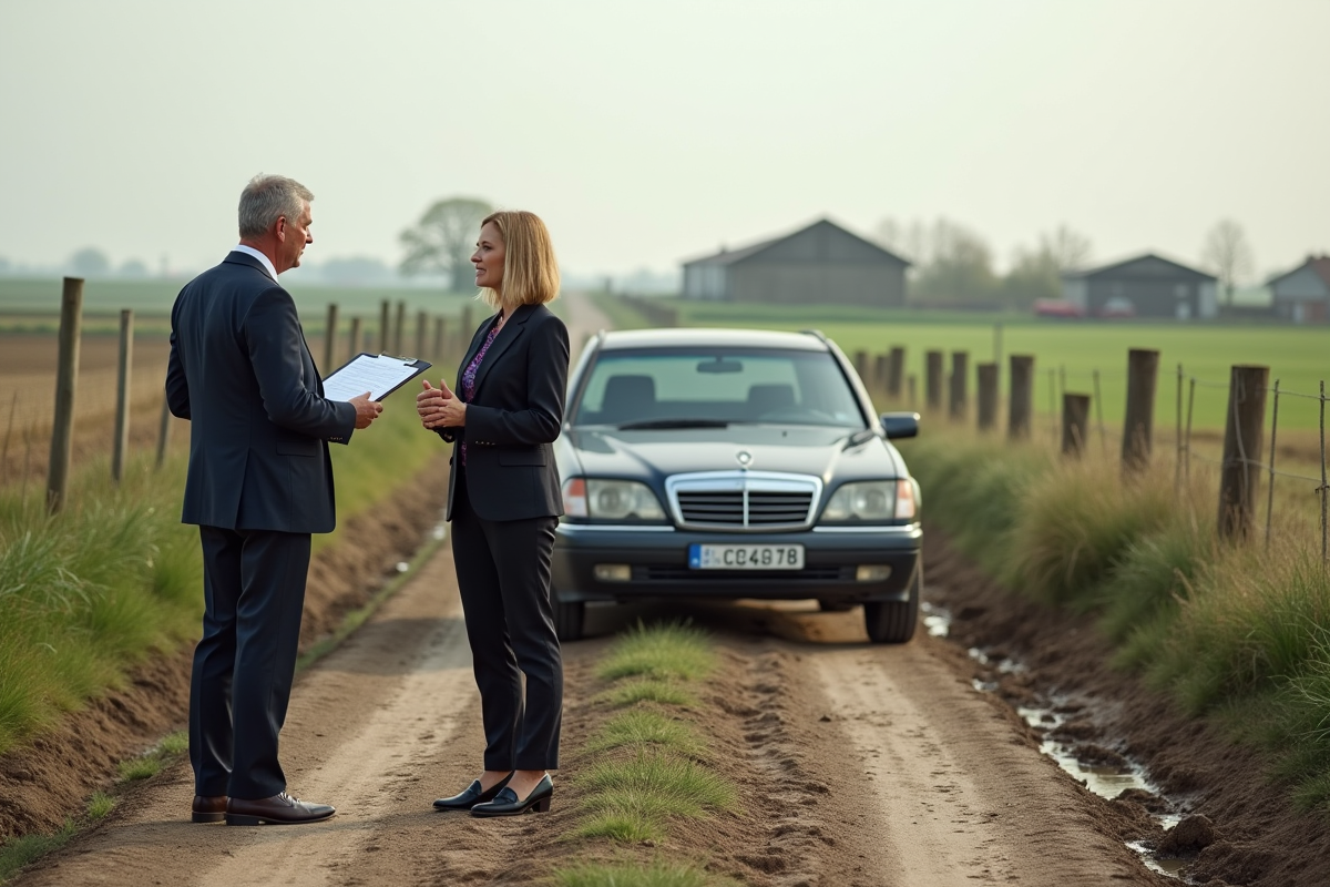 Officielle parlant avec un fermier sur un chemin rural
