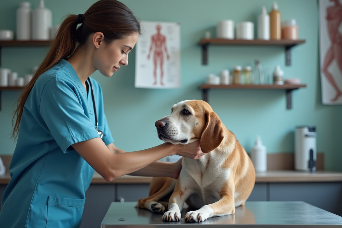 Vétérinaire examinant un vieux chien en clinique