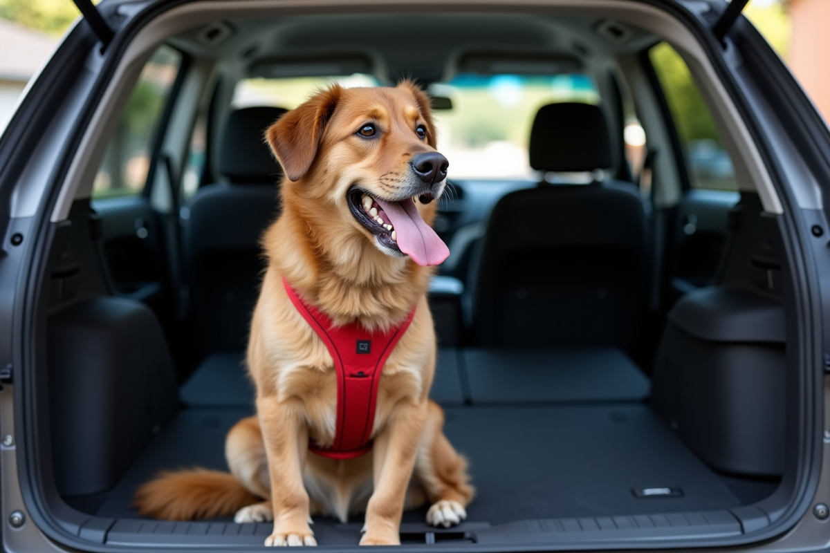 Chien senior assis dans un SUV regardant par la fenêtre