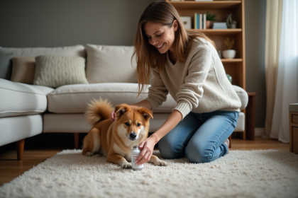 Jeune femme saupoudrant du bicarbonate sur un tapis