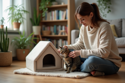 Femme assise avec un chat dans un salon chaleureux