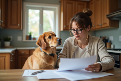 Femme avec chien et documents d'assurance animaux