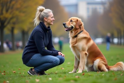 Femme et chien golden retriever dans un parc en plein air