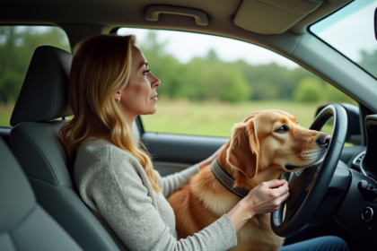 Femme en pull dans une voiture avec son chien golden retriever