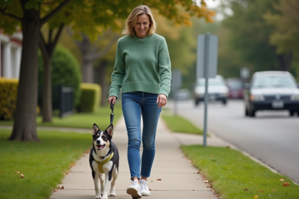 Femme en jeans et pull vert avec son chien en ville