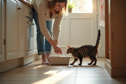 Femme posant une litière propre pour chat dans la cuisine