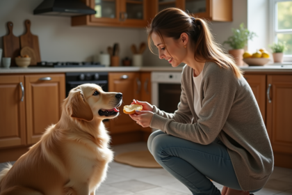 Femme offrant un morceau de pain à son chien dans la cuisine chaleureuse