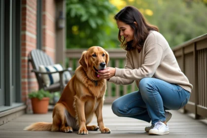Femme et retriever âgé sur la terrasse