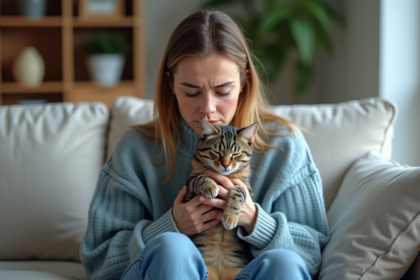 Jeune femme avec chat en sneezing dans un salon