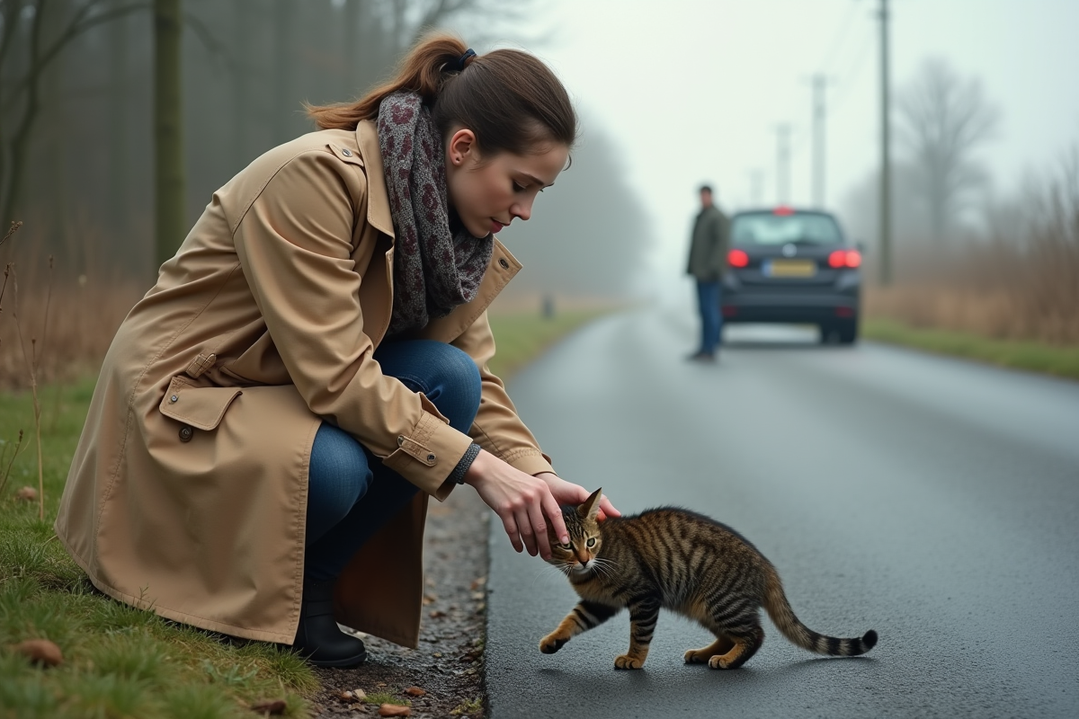 Jeune femme avec trench et foulard aidant un chat blessé