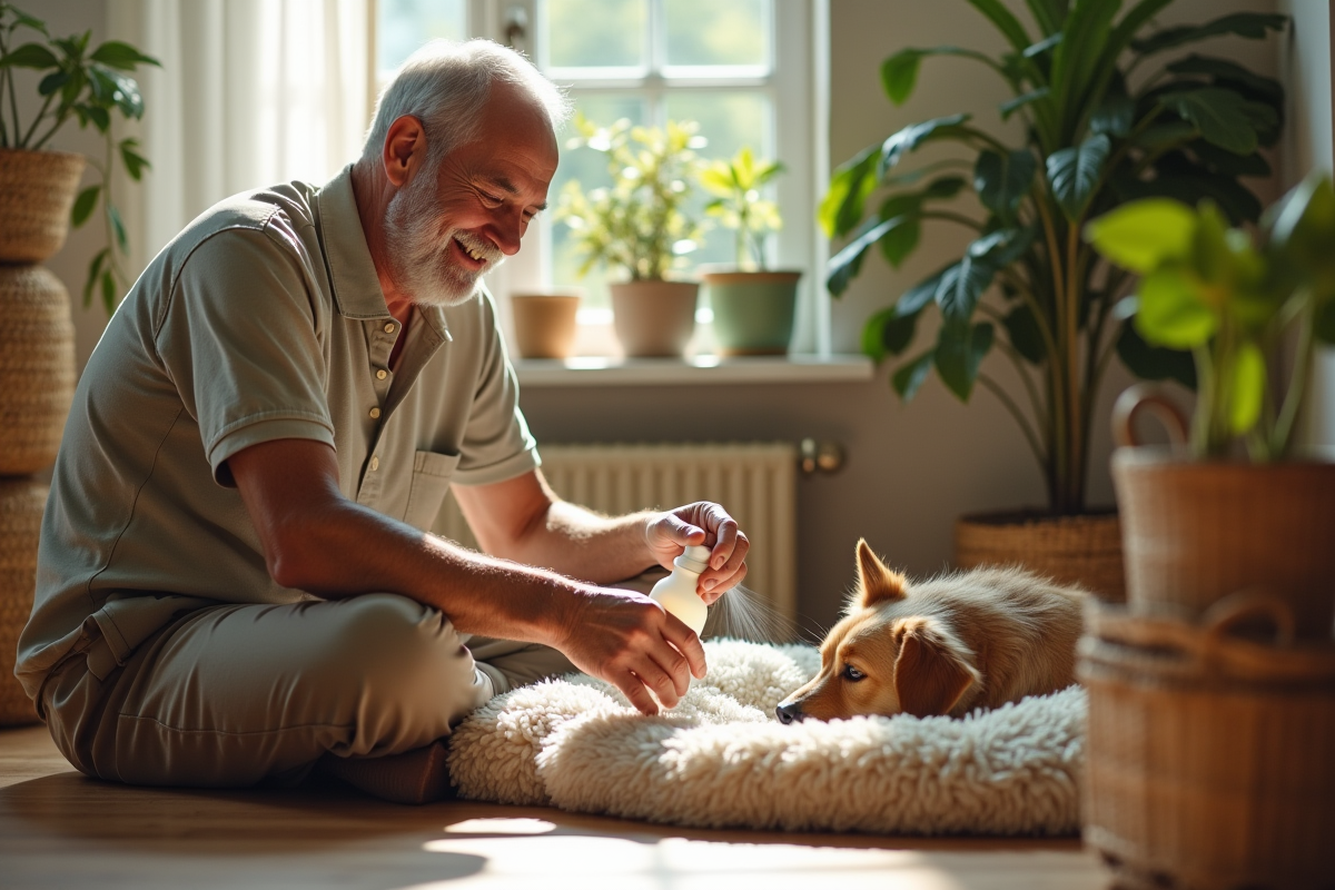 Homme âgé vaporisant une solution de nettoyage sur le lit du chien