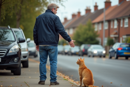 Homme en jeans et veste regardant un chat au bord de la rue