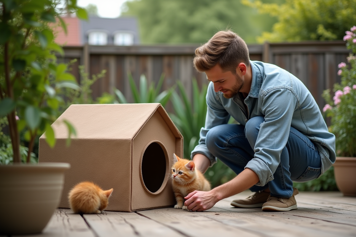 Jeune homme assemble un maison pour chat dans le jardin