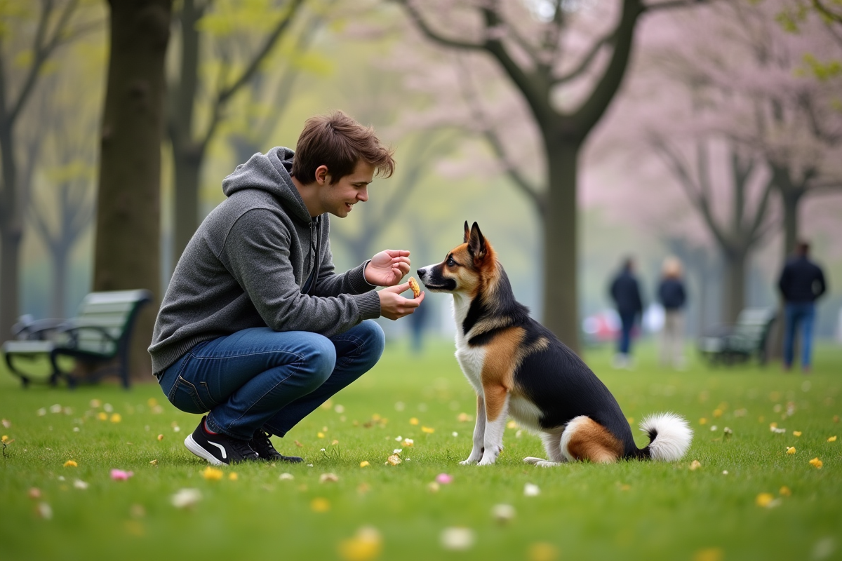 Jeune homme avec chien dans un parc urbain au printemps