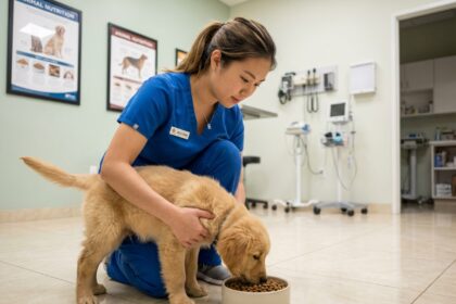 Vétérinaire examinant un chiot Golden Retriever dans une clinique