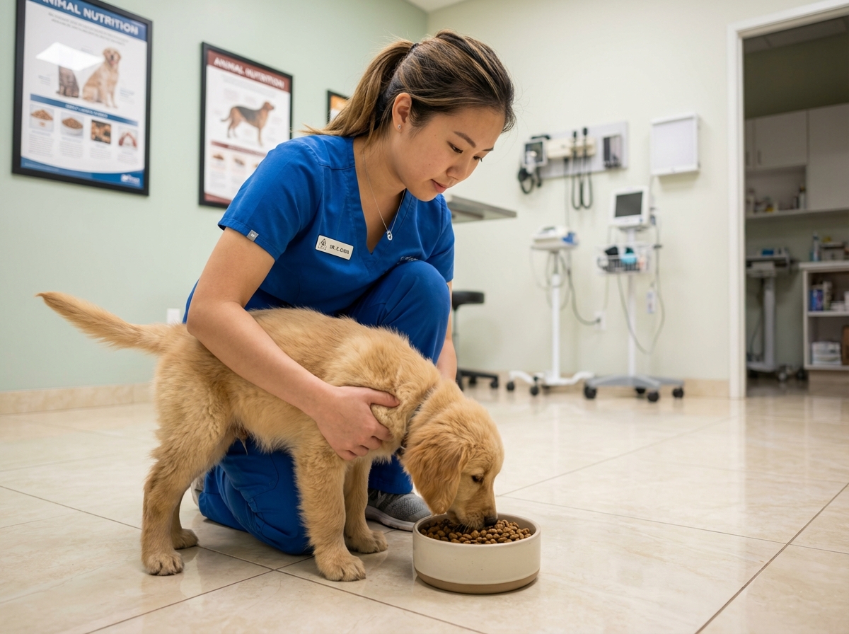 Vétérinaire examinant un chiot Golden Retriever dans une clinique