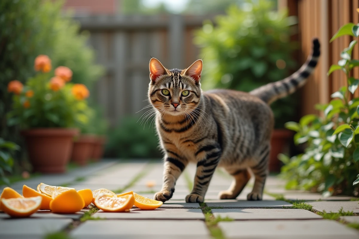 Chat tigré dans un jardin avec des peaux d