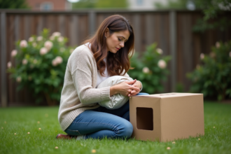 Femme en jeans et pull doux tenant un animal en fin de vie
