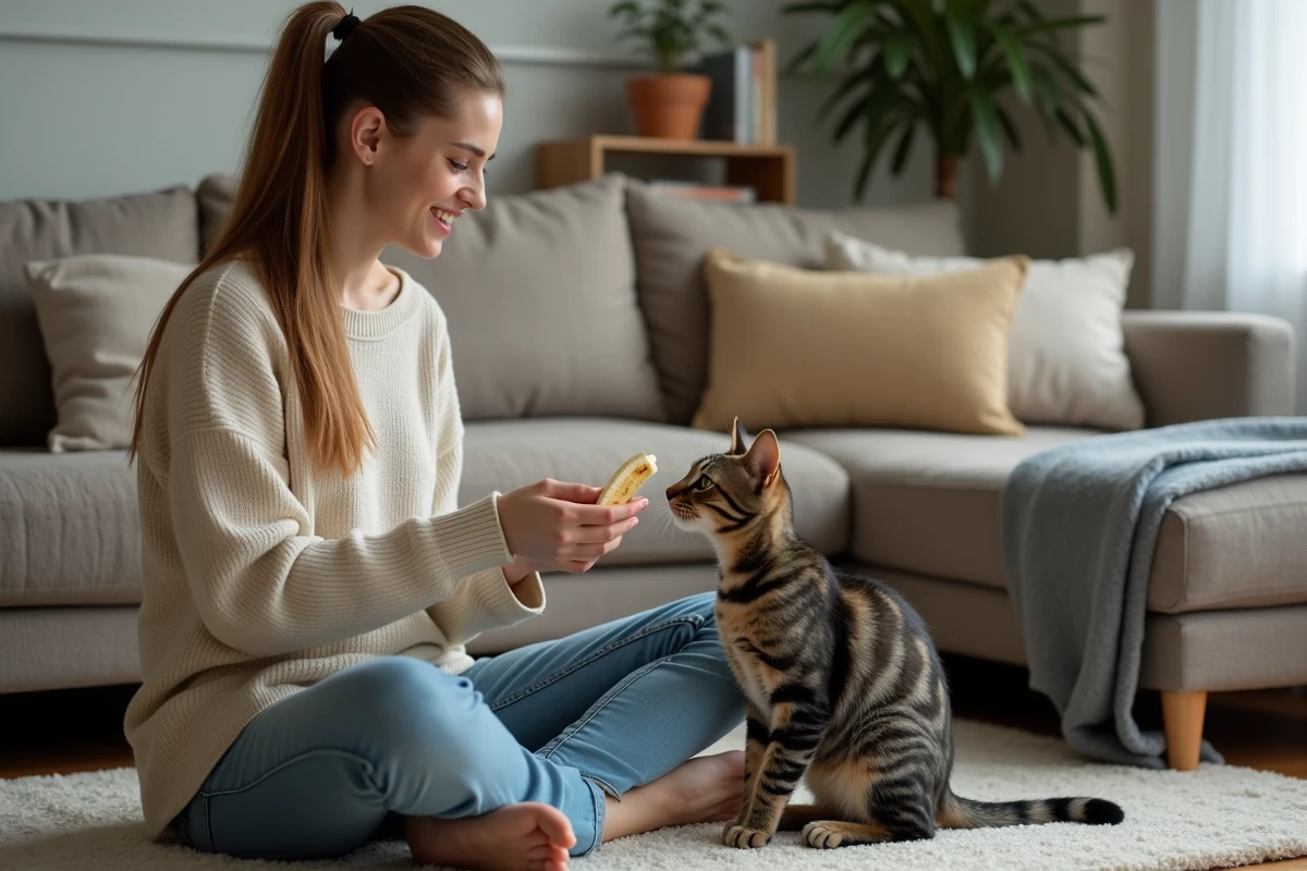 Jeune femme offrant une tranche de banane à son chat