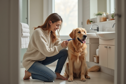 Femme et chien dans une salle de bain moderne