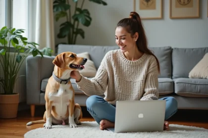 Femme souriante avec chien dans un salon cosy