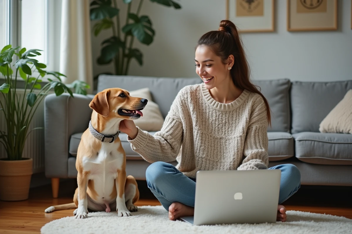 Femme souriante avec chien dans un salon cosy