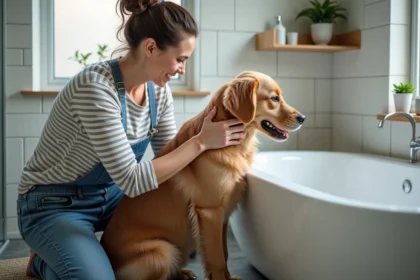 Femme en jeans lave son chien dans une salle de bain moderne