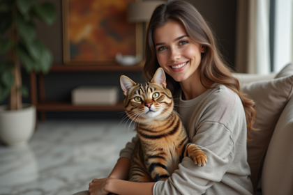 Jeune femme avec un chat savannah dans un salon élégant