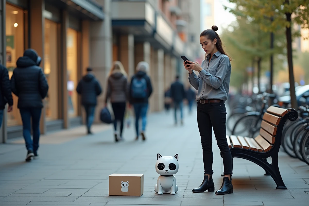 Jeune femme avec boîte robot chien dans la rue