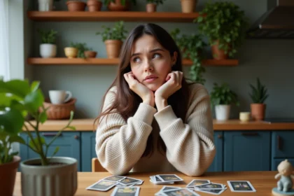 Femme contemplant des cartes de tarot dans un intérieur cosy