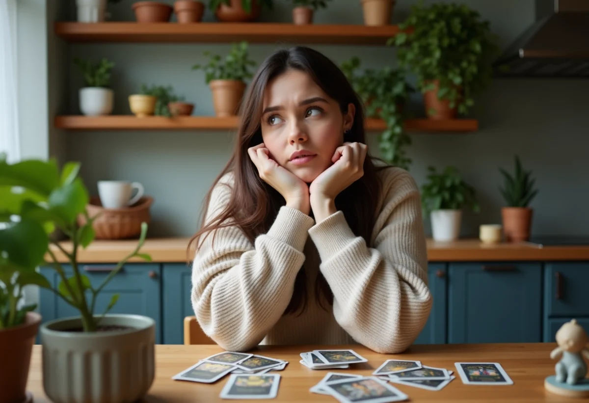 Femme contemplant des cartes de tarot dans un intérieur cosy