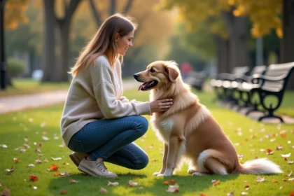 Jeune femme souriante avec un chien dans un parc