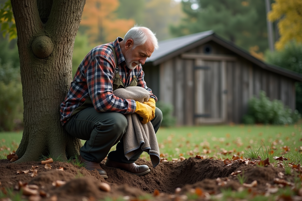 Homme âgé dans son jardin près d une tombe d animal