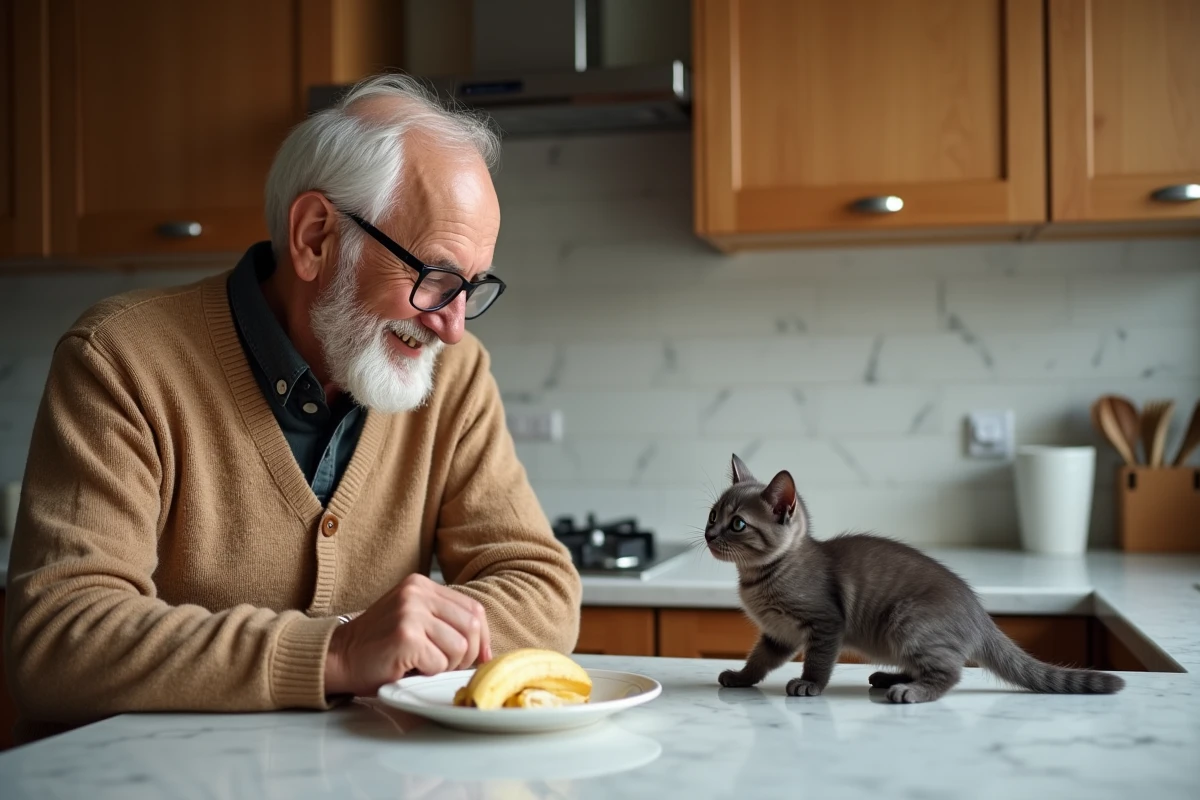 Homme âgé regardant son chat jouer avec une banane