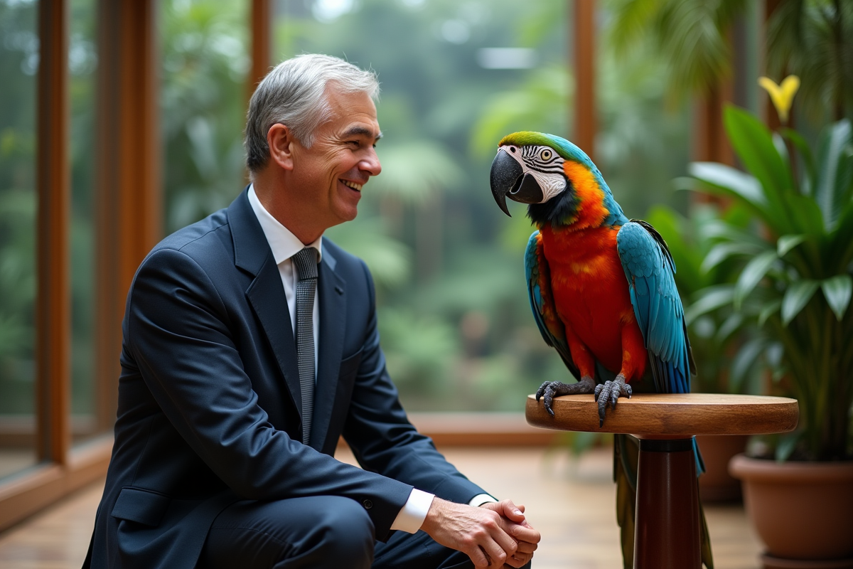 Homme en costume avec un perroquet dans une volière sophistiquée