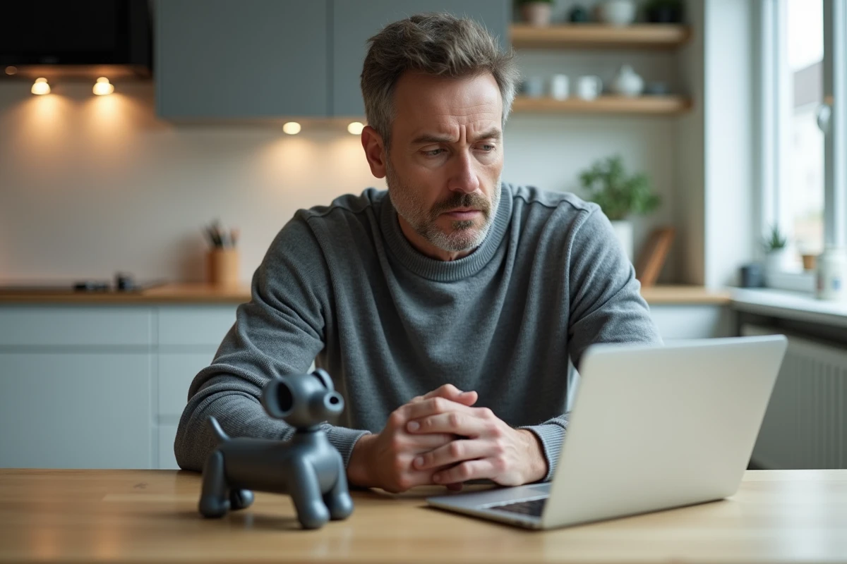 Homme d'âge moyen avec robot chien dans la cuisine