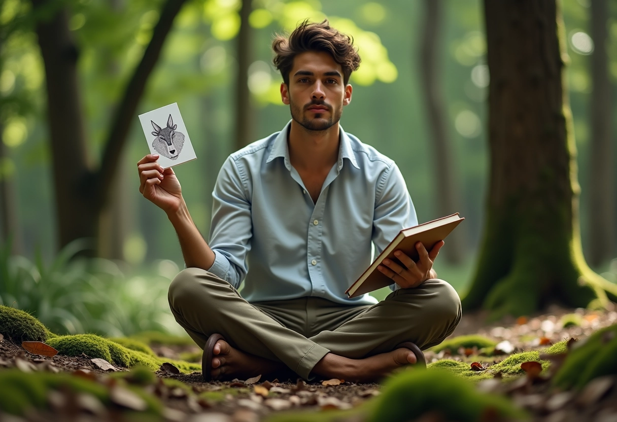 Jeune homme méditant dans une forêt avec un animal totem