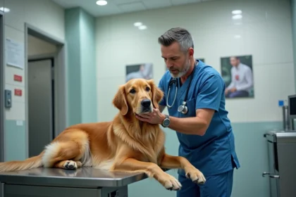 Vétérinaire avec chien retriever dans une clinique moderne