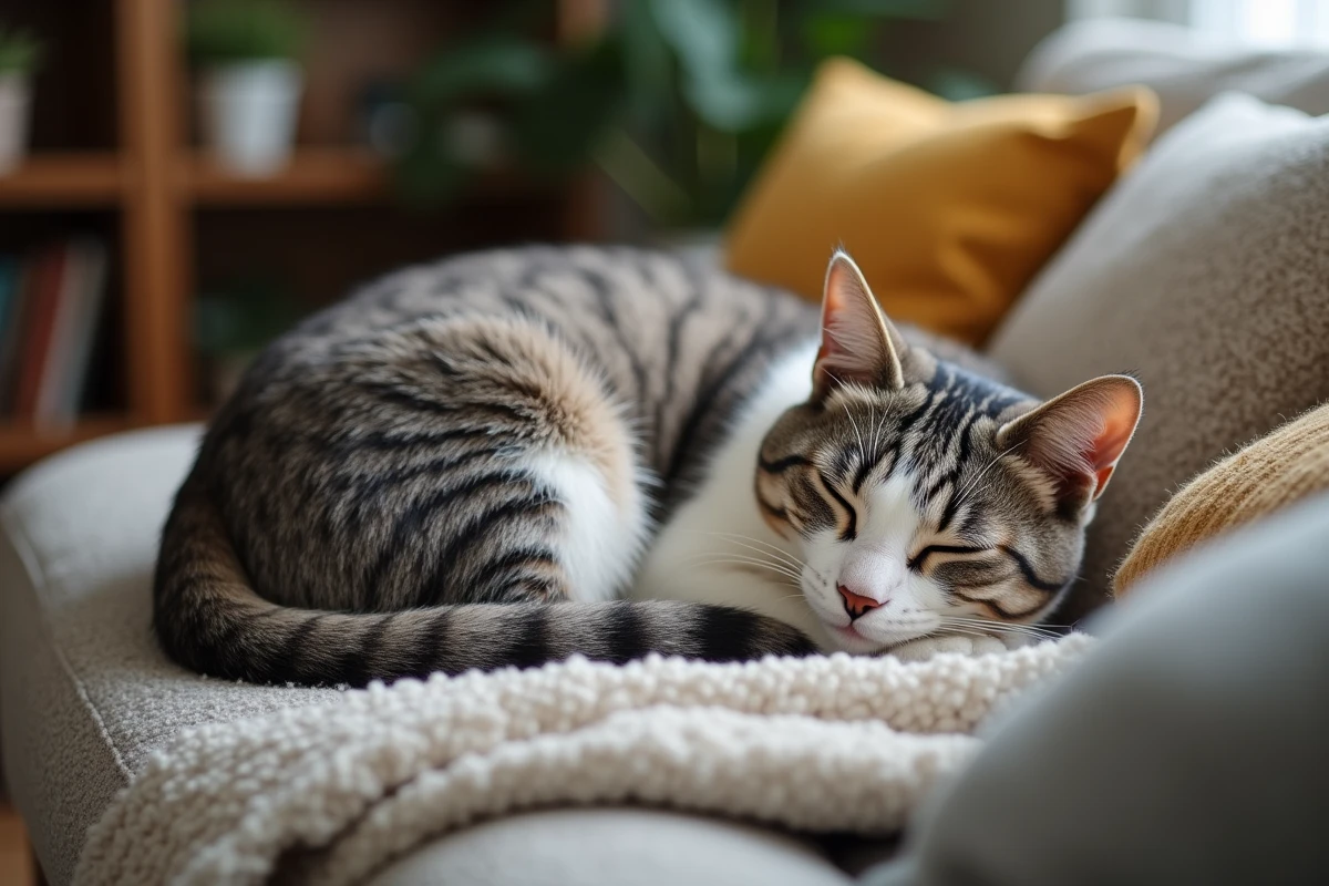 Chat senior gris et blanc endormi sur un canapé cosy