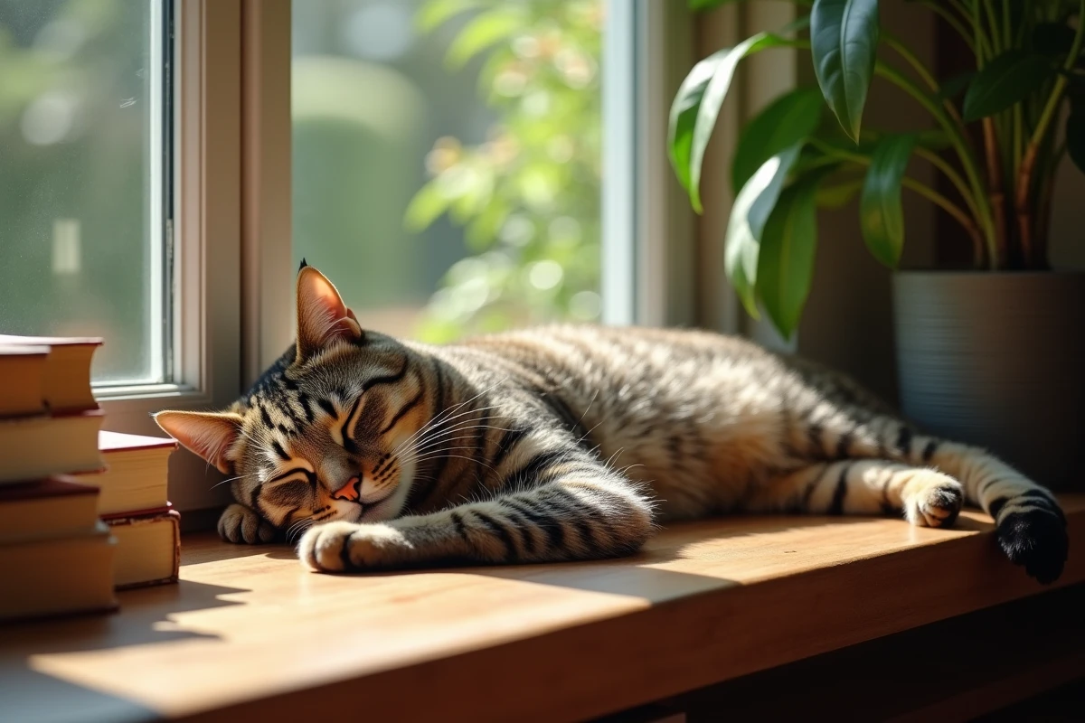 Chat tacheté âgé reposant sur une fenêtre ensoleillée