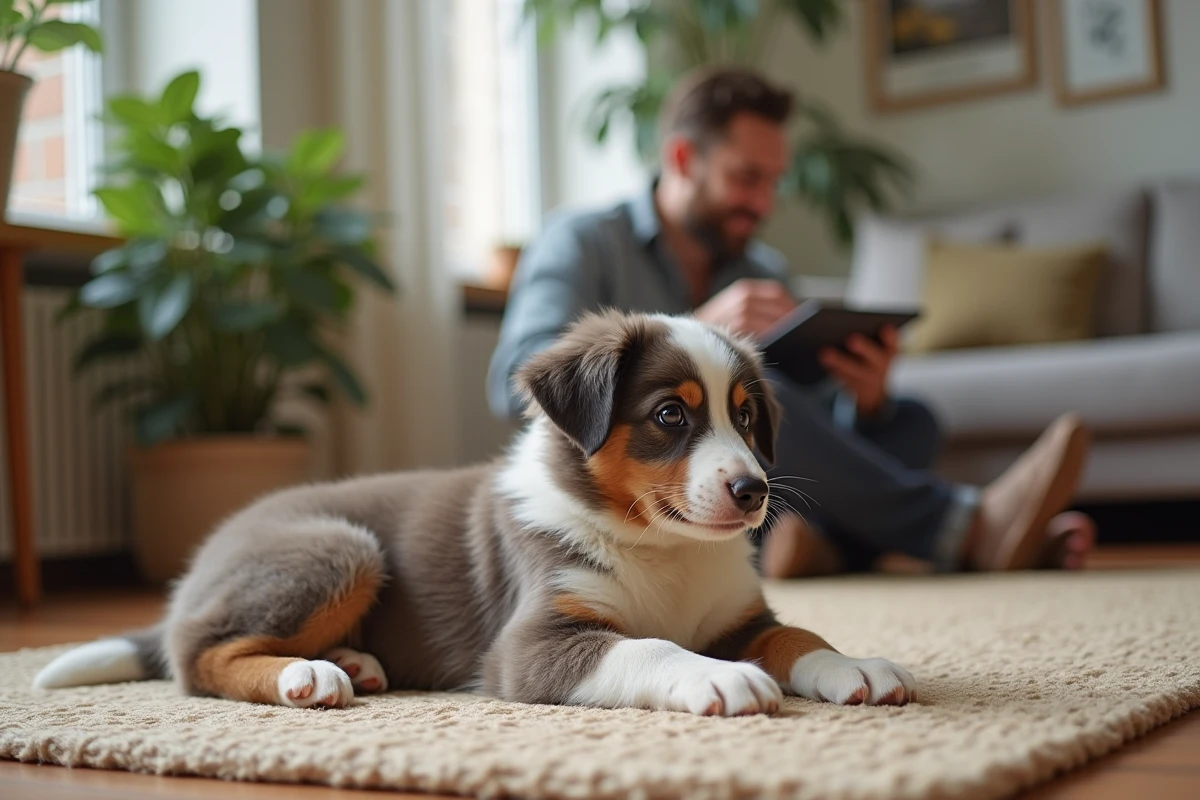Chiot Australian Shepherd allongé avec un homme dans un intérieur cosy