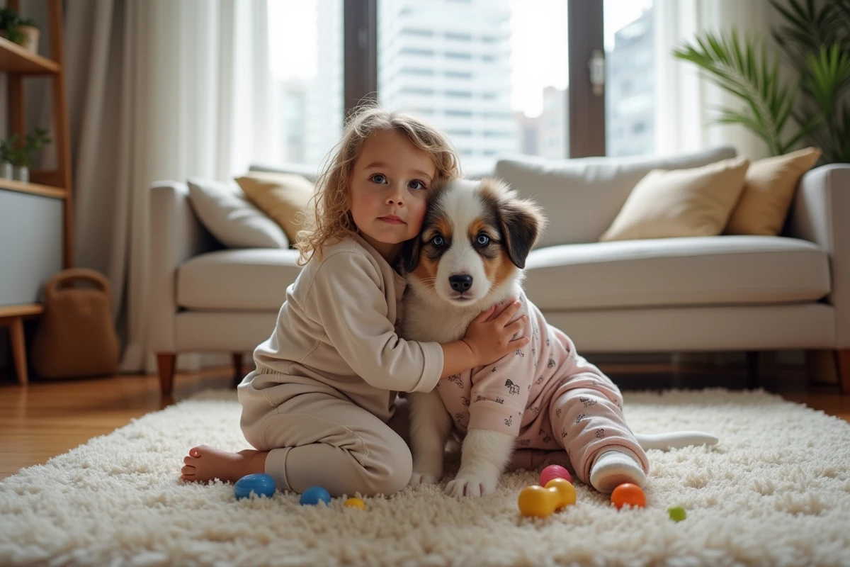 Chiot Australian Shepherd et enfant dans un salon chaleureux