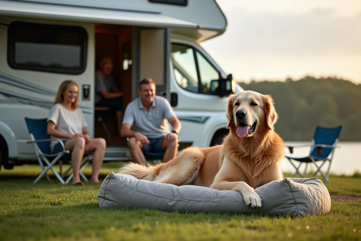 Couple senior avec chien sur un lit XXL près d’un lac